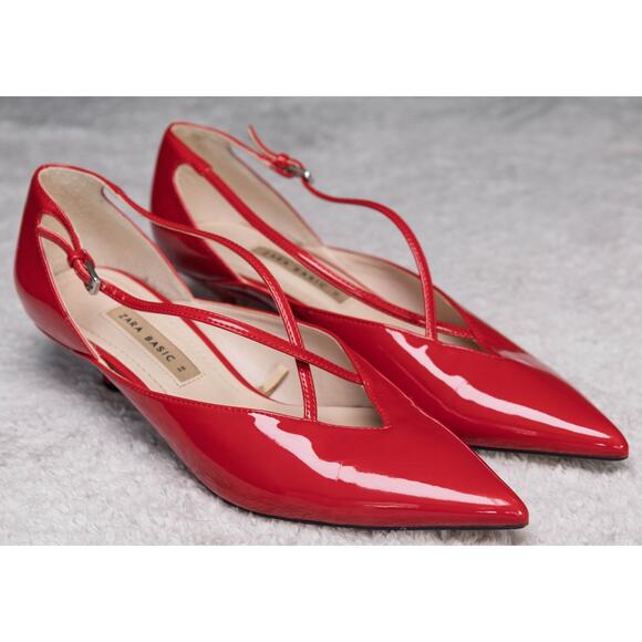 Zara Collection Red Faux Patent Leather Kitten Heels Buckle Womens EU 38 US 7 - Picture 3 of 15